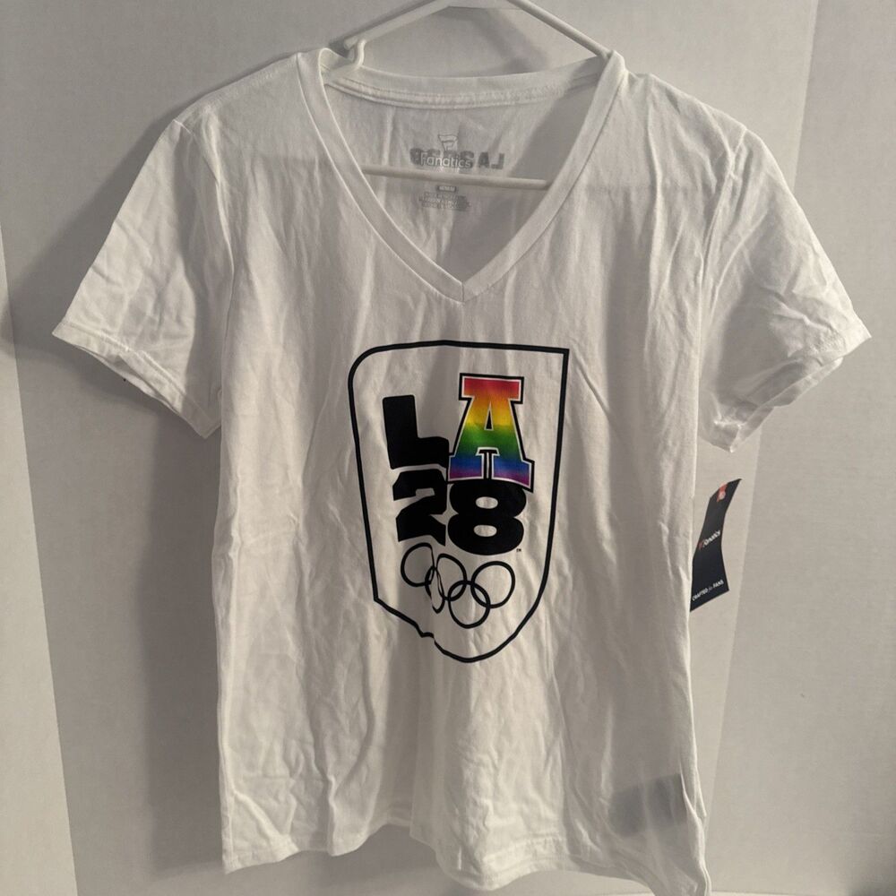 Fanatics Women's White LA28 Summer Olympics Pride V-Neck T-Shirt Size Medium NWT